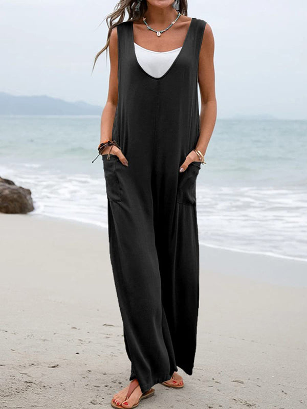 Jumpsuit- Relaxed Fit Cotton Pantsuits - Women's Casual Jumpsuit Overalls - Quality Cotton-Polyester Blend- - Pekosa Women Clothing