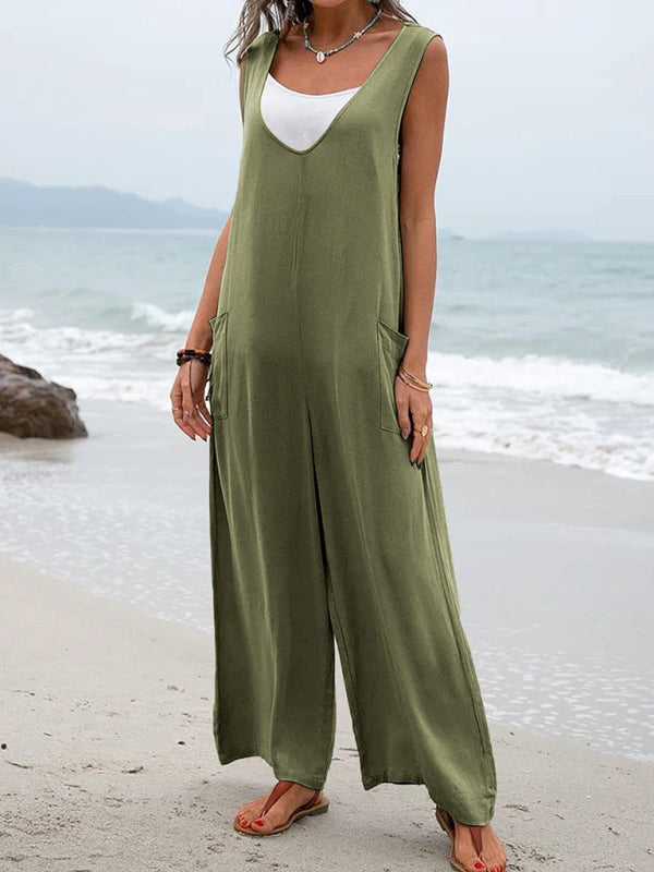 Jumpsuit- Relaxed Fit Cotton Pantsuits - Women's Casual Jumpsuit Overalls - Quality Cotton-Polyester Blend- - Pekosa Women Clothing