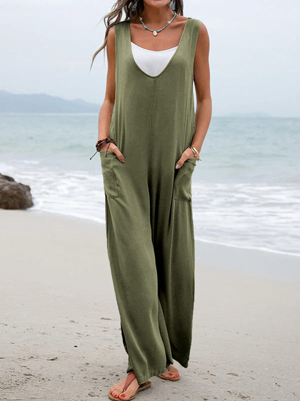 Jumpsuit- Relaxed Fit Cotton Pantsuits - Women's Casual Jumpsuit Overalls - Quality Cotton-Polyester Blend- Green- Pekosa Women Clothing