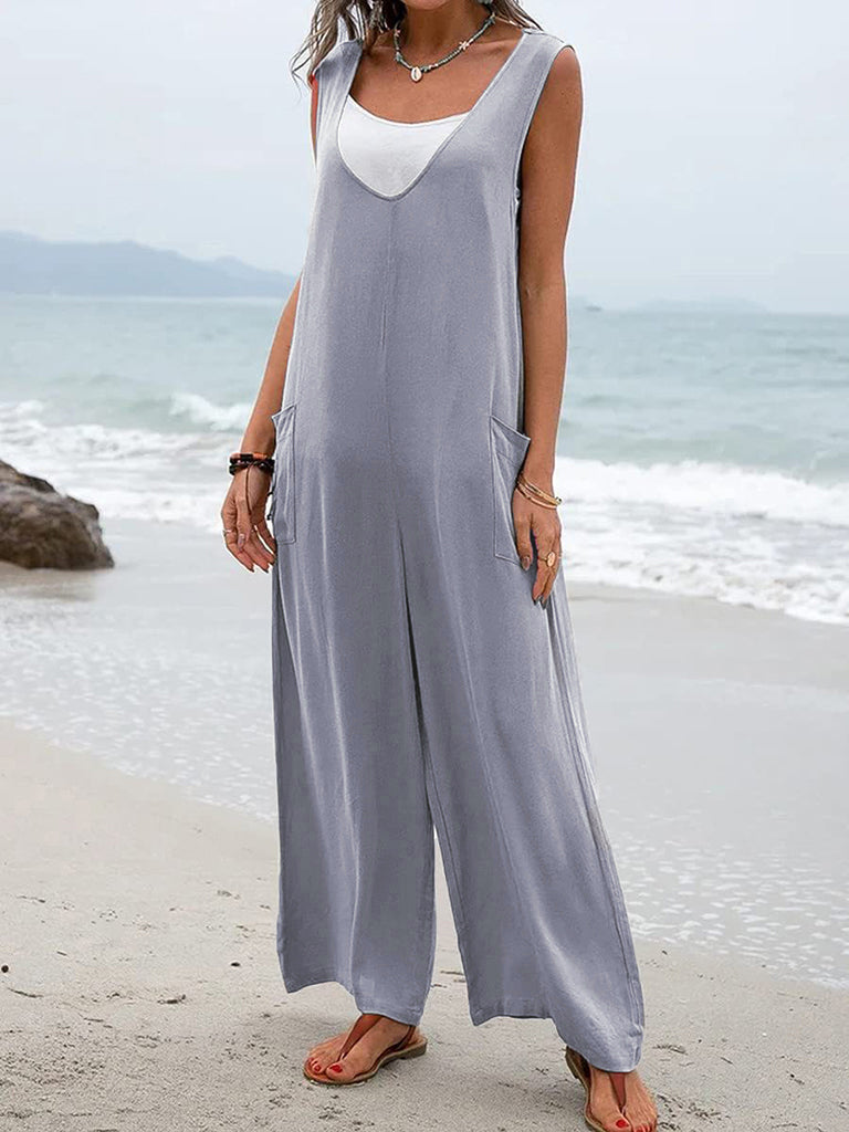 Jumpsuit- Relaxed Fit Cotton Pantsuits - Women's Casual Jumpsuit Overalls - Quality Cotton-Polyester Blend- - Pekosa Women Clothing