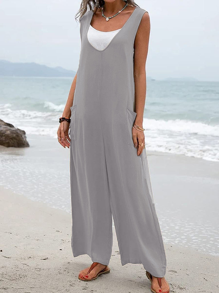 Jumpsuit- Relaxed Fit Cotton Pantsuits - Women's Casual Jumpsuit Overalls - Quality Cotton-Polyester Blend- Clear Grey- Pekosa Women Clothing