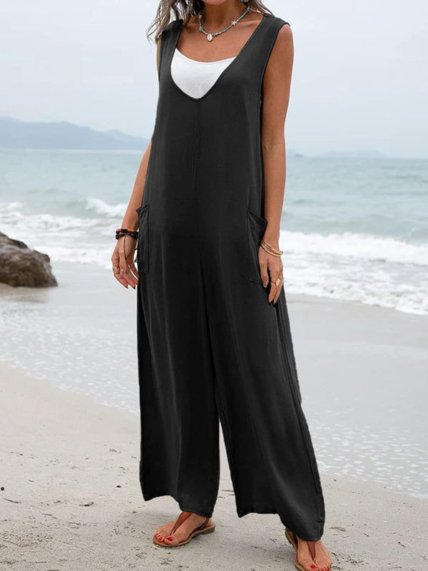 Jumpsuit- Relaxed Fit Cotton Pantsuits - Women's Casual Jumpsuit Overalls - Quality Cotton-Polyester Blend- Black- Pekosa Women Clothing