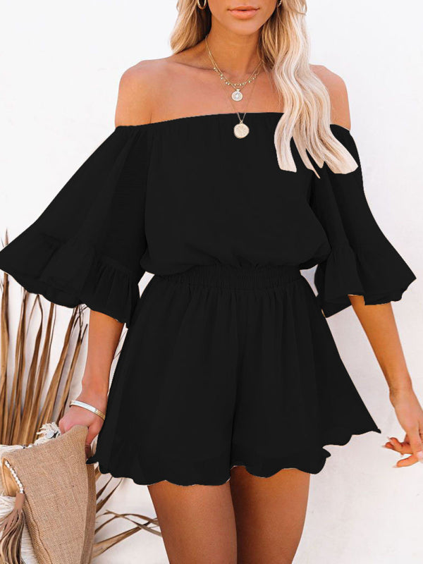 Jumpsuit- Solid Chiffon Off Shoulder Romper - Short Jumpsuit- Black- Pekosa Women Clothing