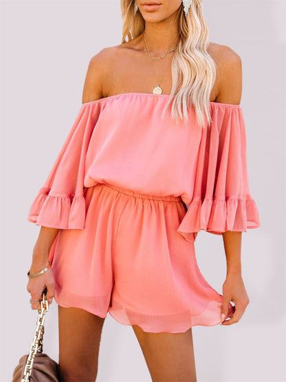 Jumpsuit- Solid Chiffon Off Shoulder Romper - Short Jumpsuit- Orange Red- Pekosa Women Clothing