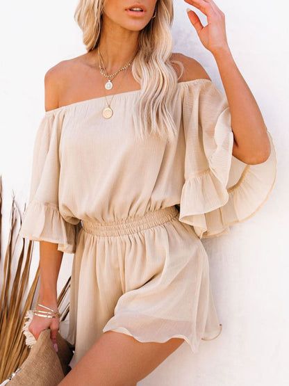 Jumpsuit- Solid Chiffon Off Shoulder Romper - Short Jumpsuit- khaki Beige- Pekosa Women Clothing