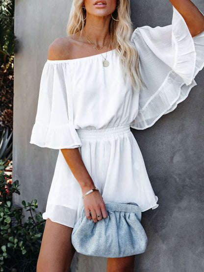 Jumpsuit- Solid Chiffon Off Shoulder Romper - Short Jumpsuit- - Pekosa Women Clothing