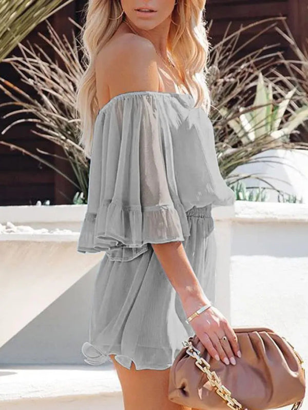 Jumpsuit- Solid Chiffon Off Shoulder Romper - Short Jumpsuit- - Pekosa Women Clothing