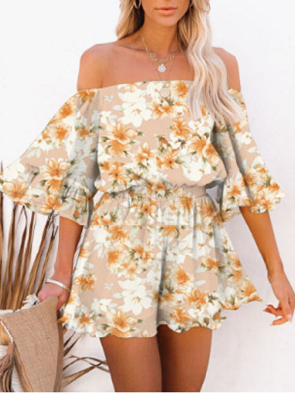 Jumpsuit- Solid Chiffon Off Shoulder Romper - Short Jumpsuit- Chrome yellow- Pekosa Women Clothing