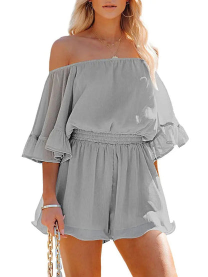 Jumpsuit- Solid Chiffon Off Shoulder Romper - Short Jumpsuit- - Pekosa Women Clothing