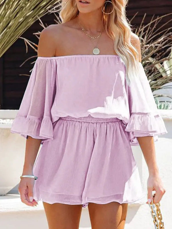 Jumpsuit- Solid Chiffon Off Shoulder Romper - Short Jumpsuit- Purple- Pekosa Women Clothing