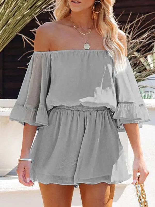 Jumpsuit- Solid Chiffon Off Shoulder Romper - Short Jumpsuit- - Pekosa Women Clothing