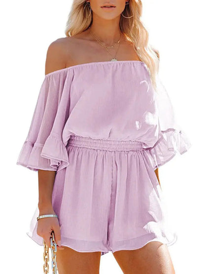 Jumpsuit- Solid Chiffon Off Shoulder Romper - Short Jumpsuit- - Pekosa Women Clothing