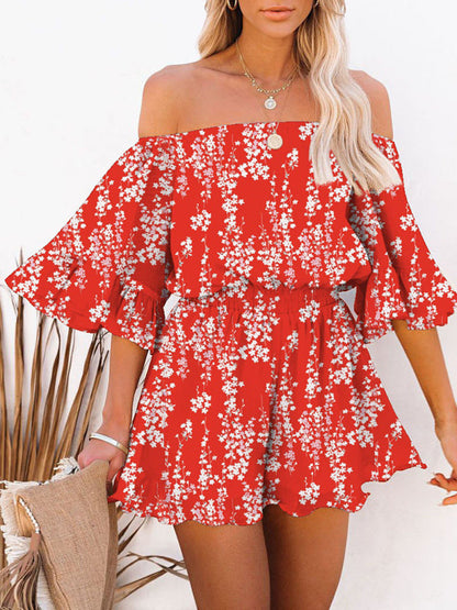 Jumpsuit- Solid Chiffon Off Shoulder Romper - Short Jumpsuit- Red- Pekosa Women Clothing