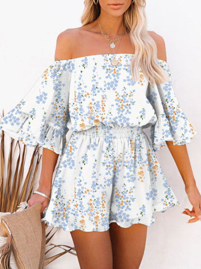 Jumpsuit- Solid Chiffon Off Shoulder Romper - Short Jumpsuit- Blue- Pekosa Women Clothing