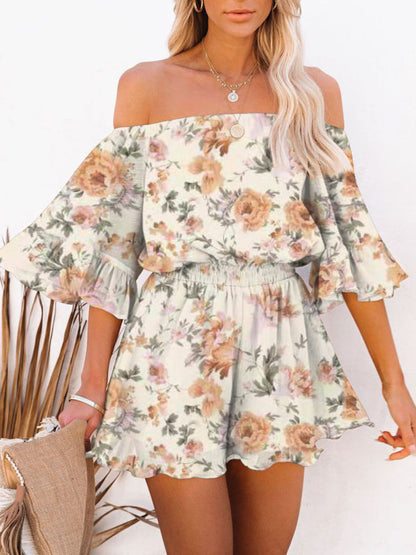 Jumpsuit- Solid Chiffon Off Shoulder Romper - Short Jumpsuit- Cream- Pekosa Women Clothing