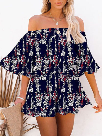 Jumpsuit- Solid Chiffon Off Shoulder Romper - Short Jumpsuit- Navy Blue- Pekosa Women Clothing