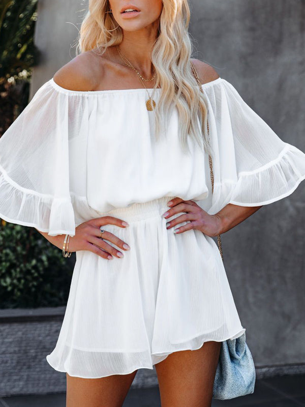 Jumpsuit- Solid Chiffon Off Shoulder Romper - Short Jumpsuit- White- Pekosa Women Clothing