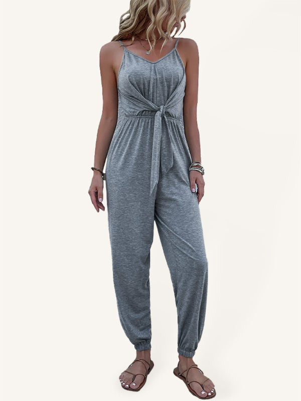 Jumpsuit- Solid Comfy Cami Jumpsuit - Knot Front Pantsuit- Charcoal grey- Pekosa Women Clothing