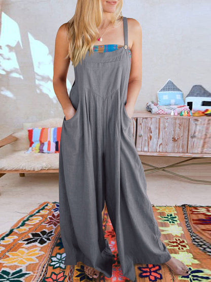 Jumpsuit- Solid Cotton Linen Wide-Leg Pantsuits - Jumpsuit Bib Overalls- Grey- Pekosa Women Clothing