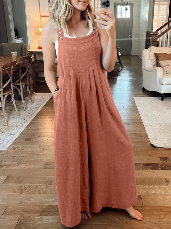 Jumpsuit- Solid Cotton Linen Wide-Leg Pantsuits - Jumpsuit Bib Overalls- Dark red- Pekosa Women Clothing