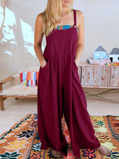 Jumpsuit- Solid Cotton Linen Wide-Leg Pantsuits - Jumpsuit Bib Overalls- Dark Red- Pekosa Women Clothing