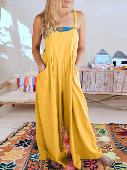 Jumpsuit- Solid Cotton Linen Wide-Leg Pantsuits - Jumpsuit Bib Overalls- Ginger yellow- Pekosa Women Clothing