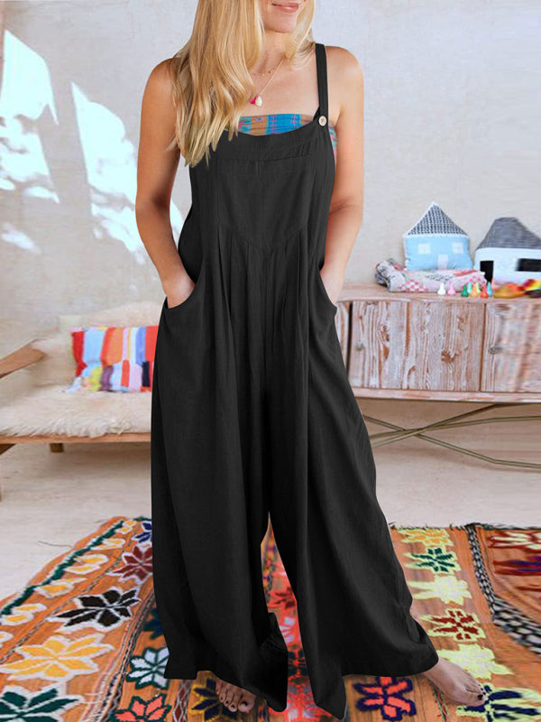 Jumpsuit- Solid Cotton Linen Wide-Leg Pantsuits - Jumpsuit Bib Overalls- Black- Pekosa Women Clothing