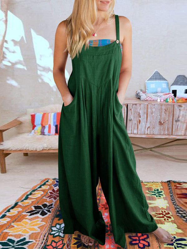 Jumpsuit- Solid Cotton Linen Wide-Leg Pantsuits - Jumpsuit Bib Overalls- Deep green- Pekosa Women Clothing