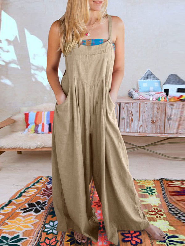 Jumpsuit- Solid Cotton Linen Wide-Leg Pantsuits - Jumpsuit Bib Overalls- Brown- Pekosa Women Clothing