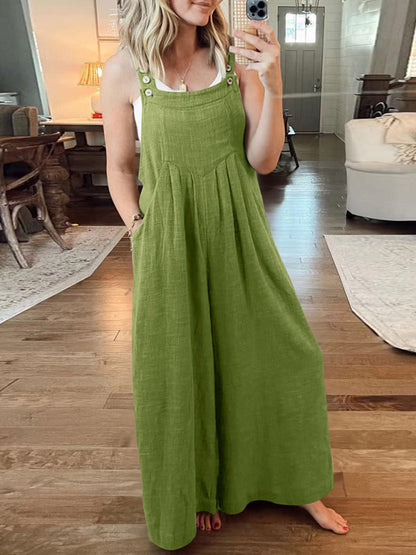 Jumpsuit- Solid Cotton Linen Wide-Leg Pantsuits - Jumpsuit Bib Overalls- Grass green- Pekosa Women Clothing