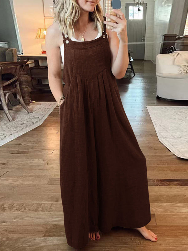 Jumpsuit- Solid Cotton Linen Wide-Leg Pantsuits - Jumpsuit Bib Overalls- Dark Brown- Pekosa Women Clothing