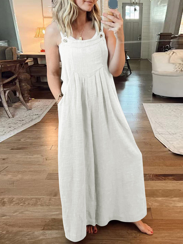 Jumpsuit- Solid Cotton Linen Wide-Leg Pantsuits - Jumpsuit Bib Overalls- White- Pekosa Women Clothing