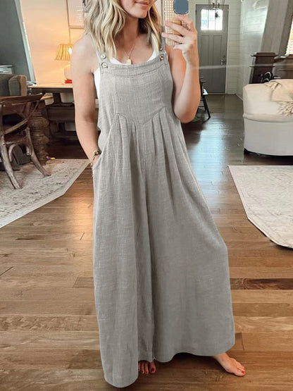 Jumpsuit- Solid Cotton Linen Wide-Leg Pantsuits - Jumpsuit Bib Overalls- Misty grey- Pekosa Women Clothing