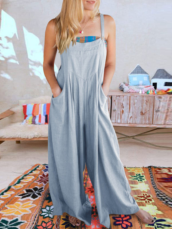 Jumpsuit- Solid Cotton Linen Wide-Leg Pantsuits - Jumpsuit Bib Overalls- - Pekosa Women Clothing