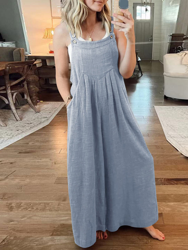 Jumpsuit- Solid Cotton Linen Wide-Leg Pantsuits - Jumpsuit Bib Overalls- Blue grey- Pekosa Women Clothing