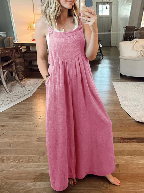 Jumpsuit- Solid Cotton Linen Wide-Leg Pantsuits - Jumpsuit Bib Overalls- Pink- Pekosa Women Clothing