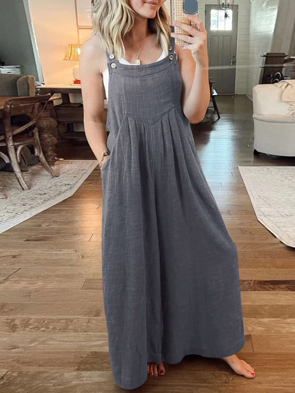 Jumpsuit- Solid Cotton Linen Wide-Leg Pantsuits - Jumpsuit Bib Overalls- - Pekosa Women Clothing