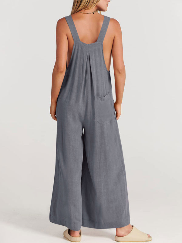 Jumpsuit- Solid Cotton Linen Wide-Leg Pantsuits - Jumpsuit Bib Overalls- - Pekosa Women Clothing