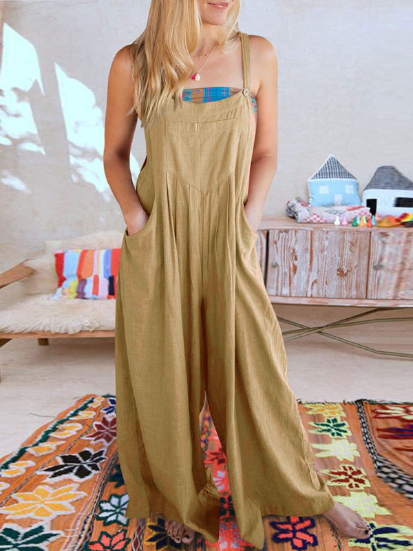 Jumpsuit- Solid Cotton Linen Wide-Leg Pantsuits - Jumpsuit Bib Overalls- - Pekosa Women Clothing