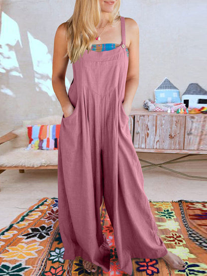 Jumpsuit- Solid Cotton Linen Wide-Leg Pantsuits - Jumpsuit Bib Overalls- Pinkpurple- Pekosa Women Clothing