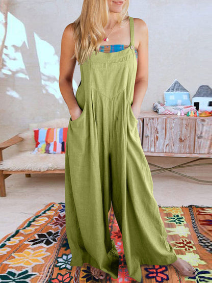 Jumpsuit- Solid Cotton Linen Wide-Leg Pantsuits - Jumpsuit Bib Overalls- - Pekosa Women Clothing