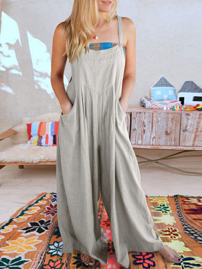 Jumpsuit- Solid Cotton Linen Wide-Leg Pantsuits - Jumpsuit Bib Overalls- - Pekosa Women Clothing