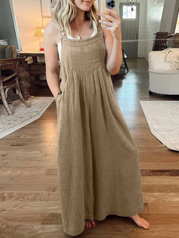 Jumpsuit- Solid Cotton Linen Wide-Leg Pantsuits - Jumpsuit Bib Overalls- - Pekosa Women Clothing