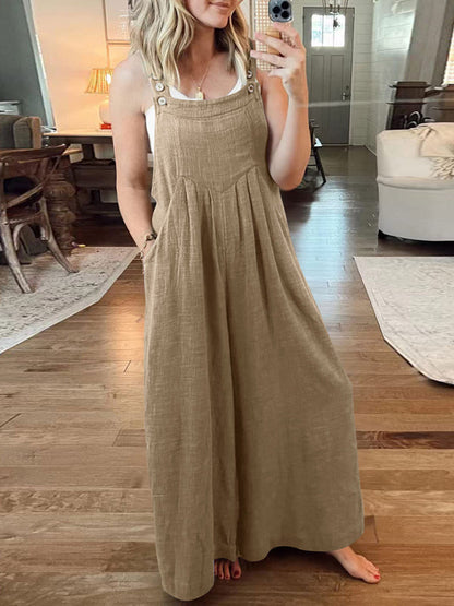 Jumpsuit- Solid Cotton Linen Wide-Leg Pantsuits - Jumpsuit Bib Overalls- - Pekosa Women Clothing