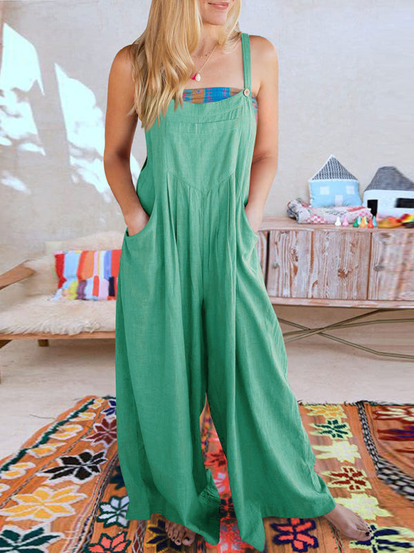 Jumpsuit- Solid Cotton Linen Wide-Leg Pantsuits - Jumpsuit Bib Overalls- Green- Pekosa Women Clothing