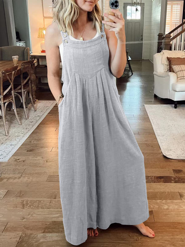 Jumpsuit- Solid Cotton Linen Wide-Leg Pantsuits - Jumpsuit Bib Overalls- - Pekosa Women Clothing