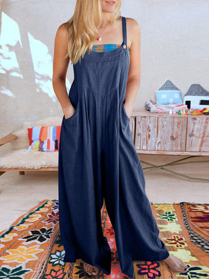 Jumpsuit- Solid Cotton Linen Wide-Leg Pantsuits - Jumpsuit Bib Overalls- - Pekosa Women Clothing