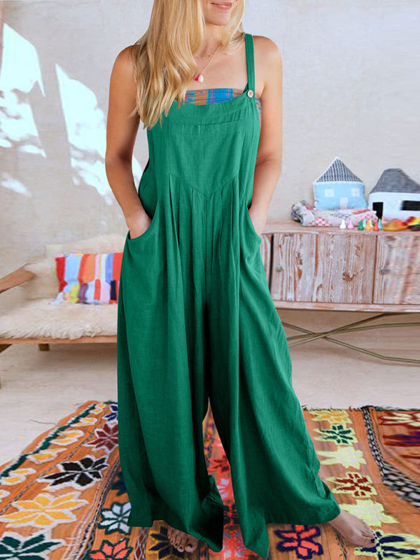 Jumpsuit- Solid Cotton Linen Wide-Leg Pantsuits - Jumpsuit Bib Overalls- Forest green- Pekosa Women Clothing