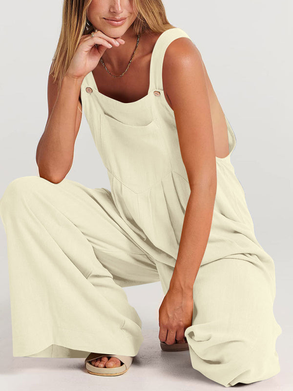 Jumpsuit- Solid Cotton Linen Wide-Leg Pantsuits - Jumpsuit Bib Overalls- - Pekosa Women Clothing