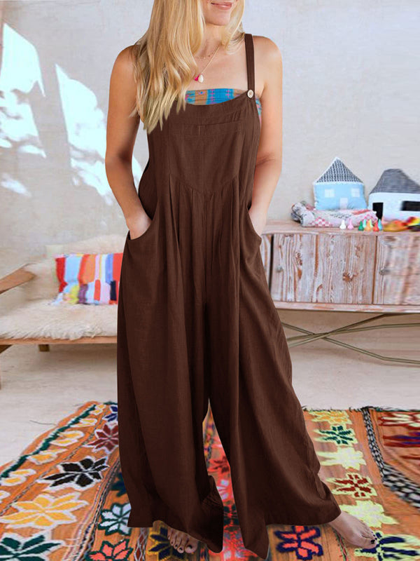 Jumpsuit- Solid Cotton Linen Wide-Leg Pantsuits - Jumpsuit Bib Overalls- - Pekosa Women Clothing